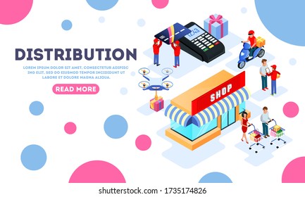 Distribution, dispatch, delivery, making purchases landing page template with shop. Customers, clients, courier, motor scooter driver, bank card. Isometric vector.