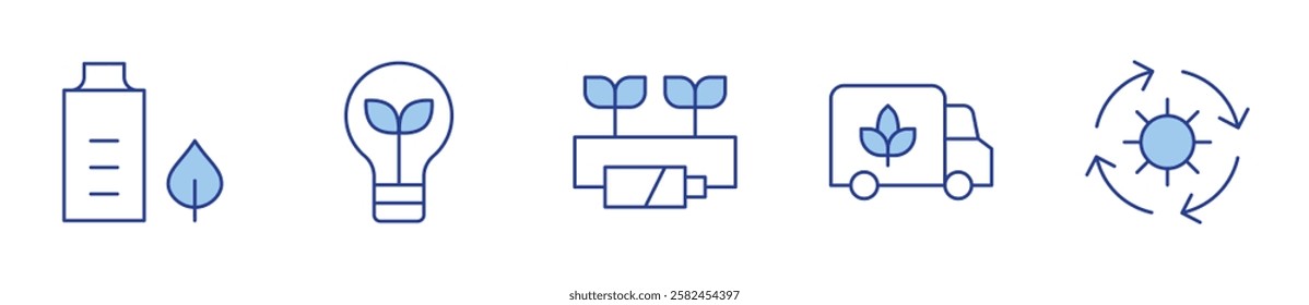 distribution, eco battery, solar energy, bulb, eco energy. Ecology Icon vector illustration. Line Duotone style. Editable stroke.