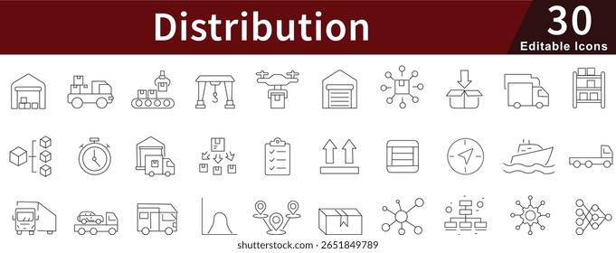 Distribution Editable Line Icons Set for Logistics, Supply Chain, and Product Delivery Services