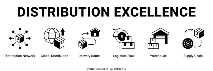 Distribution Excellence web banner icon concept, with Distribution Network, Global Distribution, Delivery Route, Logistics Flow, Warehouse, Supply Chain.
