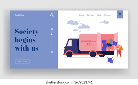 Distribution Of Food And Basic Necessities To Refugees Landing Page Template. Team Of Volunteers Characters Distribute Boxes With Humanitarian Aid For Poor People In Need. Cartoon Vector Illustration