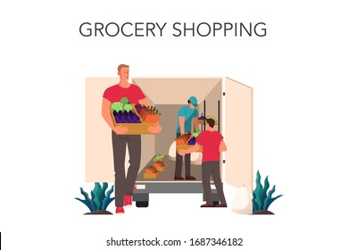 Distribution of fresh vegetables and grocery to restaurant and cafe. Supervisor and loader cary goods from truck. Grocery delivery for business. Vector flat illustration.