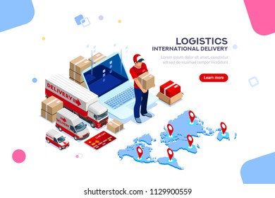 Distribution, Global Factory Infographic. Good Trade And Logistics, International Delivery. Supply Network Insurance. Vehicle, Isometric Truck Illustration, Vector Cargo Isolated On White Background.