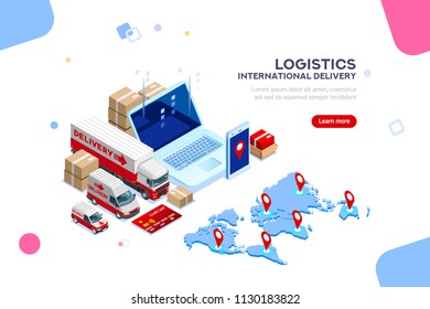 Distribution, global factory infographic. Good trade and logistic, international delivery. Supply network insurance. Customs service app for clients. Flat isometric vehicle illustration. Vector truck.