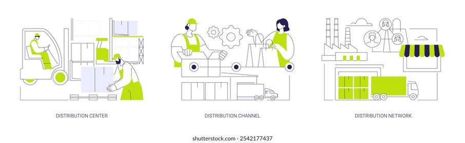 Distribution of goods abstract concept vector illustration set. Distribution center, delivery channel, logistic network, routes and sales points, product warehousing, foreign trade abstract metaphor.