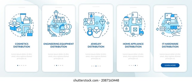 Distribution goods choose tips onboarding mobile app page screen. Wholesale walkthrough 5 steps graphic instructions with concepts. UI, UX, GUI vector template with linear color illustrations