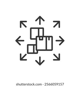 Distribution, icon in line design. Distribution, supply chain, logistics, delivery, shipping, inventory management, distribution network on white background vector. Distribution editable stroke icon