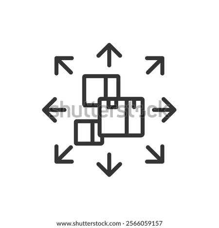Distribution, icon in line design. Distribution, supply chain, logistics, delivery, shipping, inventory management, distribution network on white background vector. Distribution editable stroke icon