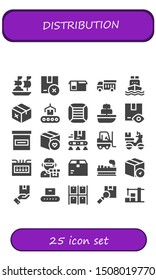 distribution icon set. 25 filled distribution icons.  Simple modern icons about  - Ship, Package, Garbage truck, Cargo ship, Conveyor, Boxes, Box, Forklift, Delivery, Fuse box