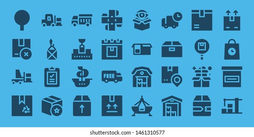 distribution icon set. 32 filled distribution icons. on blue background style Collection Of - Package, Forklift, Box, Delivery, Garbage truck, Conveyor, Ship, Shipping, Warehouse