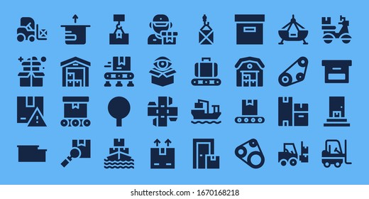 distribution icon set. 32 filled distribution icons. on blue background style Simple modern icons such as: Forklift, Box, Package, Warehouse, Delivery, Conveyor, Ship, Shipping