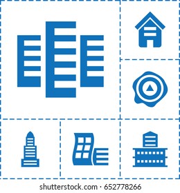 Distribution icon. set of 6 distribution filled icons such as building, modern curved building, business center