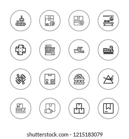 Distribution icon set. collection of 16 outline distribution icons with cargo, box, conveyor, dispersion, package, products, ship, shipping, warehouse icons.
