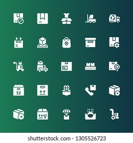 distribution icon set. Collection of 25 filled distribution icons included Cargo, Submerge, Delivery, Package, Shipping, Box, Conveyor, Mail truck, Garbage truck, Forklift