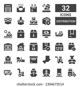 distribution icon set. Collection of 32 filled distribution icons included Mail truck, Delivery, Ship, Cargo, Package, Box, Forklift, Warehouse, Boxes, Submerge
