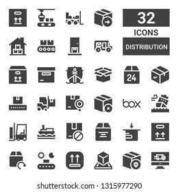 distribution icon set. Collection of 32 filled distribution icons included Delivery, Package, Box, Conveyor, Ship, Forklift, Shipping, Mail truck, Warehouse