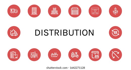 distribution icon set. Collection of Crane truck, Food delivery, Boxes, Warehouse, Box, Packaging, Delivery, Forklift, Cargo ship, Postal delivery, Do not roll, Delivered icons