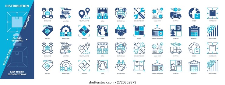 Conjunto de iconos de distribución. Cadena de suministro, consumidores, envío, gestión, venta al por mayor, Producto, Precios, desarrollo. Iconos de contorno sólidos y editables de color duotono