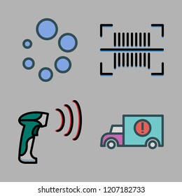 distribution icon set. vector set about cargo truck, loading, barcode scanner and barcode icons set.