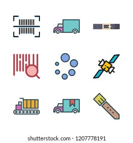 distribution icon set. vector set about barcode, cargo truck, loading and belt icons set.