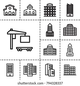 Distribution icons. set of 13 editable outline distribution icons such as building, building   isolated  sign symbol, business center