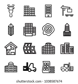 Distribution icons. set of 16 editable outline distribution icons such as forklift, modern curved building, building   isolated  sign symbol, building, business center