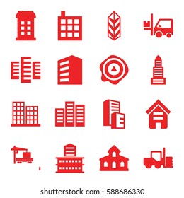 distribution icons set. Set of 16 distribution filled icons such as forklift, building, business center, arrow up, cargo
