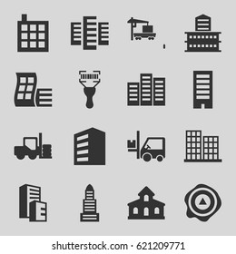 Distribution icons set. set of 16 distribution filled icons such as forklift, building, modern curved building, business center, arrow up, cargo truck