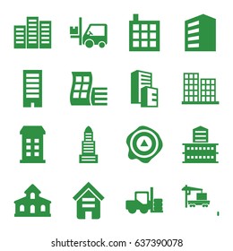 Distribution icons set. set of 16 distribution filled icons such as forklift, building, modern curved building, business center, arrow up