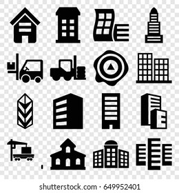 Distribution icons set. set of 16 distribution filled icons such as forklift, building, modern curved building, building   isolated  sign symbol, business center, arrow up