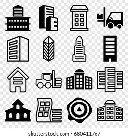 Distribution icons set. set of 16 distribution filled and outline icons such as building, building   isolated  sign symbol, arrow up, forklift, modern curved building