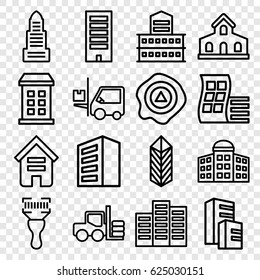 Distribution icons set. set of 16 distribution outline icons such as forklift, building, modern curved building, building   isolated  sign symbol, business center, arrow up