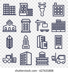 Distribution icons set. set of 16 distribution outline icons such as forklift, building, modern curved building, business center, cargo, cargo truck