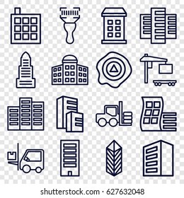 Distribution icons set. set of 16 distribution outline icons such as forklift, building, modern curved building, building   isolated  sign symbol, business center, arrow up