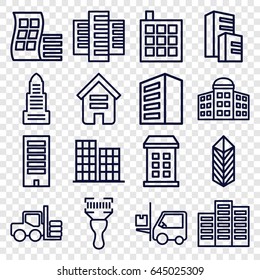 Distribution icons set. set of 16 distribution outline icons such as forklift, building, modern curved building, building   isolated  sign symbol, business center, cargo