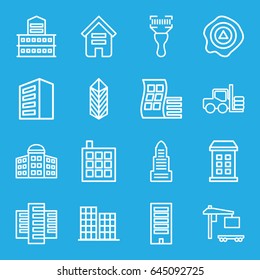 Distribution icons set. set of 16 distribution outline icons such as forklift, building, modern curved building, building   isolated  sign symbol, business center, arrow up