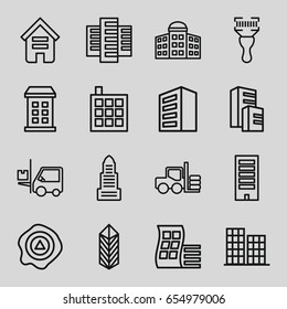 Distribution icons set. set of 16 distribution outline icons such as forklift, building, modern curved building, building   isolated  sign symbol, business center, arrow up