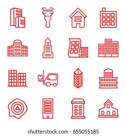 Distribution icons set. set of 16 distribution outline icons such as building, modern curved building, building   isolated  sign symbol, business center, arrow up, cargo