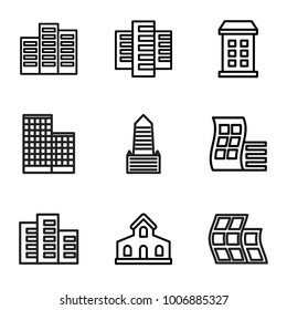 Distribution icons. set of 9 editable outline distribution icons such as building, modern curved building