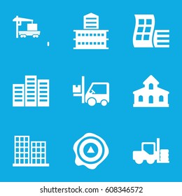 Distribution icons set. set of 9 distribution filled icons such as forklift, building, modern curved building, business center, arrow up