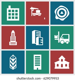Distribution icons set. set of 9 distribution filled icons such as building, business center, arrow up, cargo, forklift