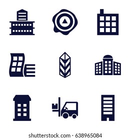 Distribution icons set. set of 9 distribution filled icons such as building, modern curved building, building   isolated  sign symbol, arrow up, cargo