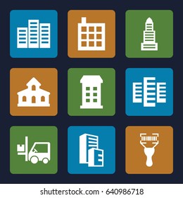 Distribution icons set. set of 9 distribution filled icons such as building, business center, forklift