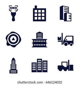 Distribution icons set. set of 9 distribution filled icons such as forklift, building, business center, arrow up