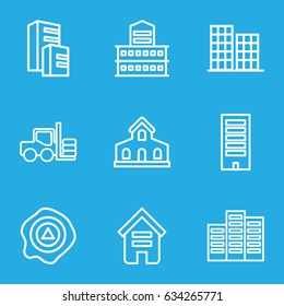 Distribution icons set. set of 9 distribution outline icons such as forklift, building, business center