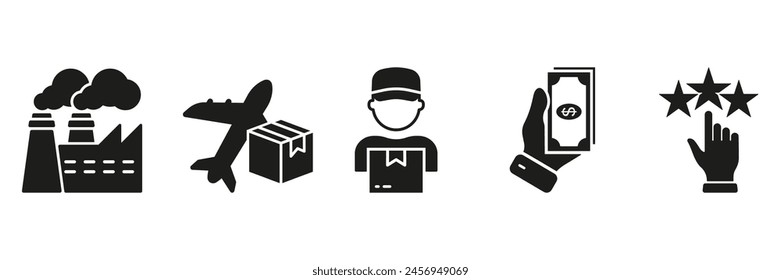 Vertrieb Industrie Silhouette Icon Set. Business Supply Chain. Fabrikproduktion, Auslieferung, Bezahlung, Bewertungssymbol Kollektion. In: Commercial Service Solid Sign. Isolierte Vektorillustration.