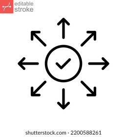 Distribution and launch line icon. Product release marketing. Success networking, check mark button with arrow spreading. outline pictogram. Vector illustration. Design on white background. EPS 10