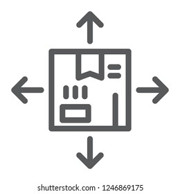 Distribution line icon, logistics and package, box with arrows sign, vector graphics, a linear pattern on a white background, eps 10.
