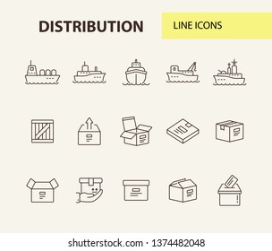 Distribution line icon set. Ships and cargo packages concept.Vector illustration can be used for topics like marine, transportation, export