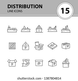 Distribution line icon set. Ships and cargo packages concept.Vector illustration can be used for topics like marine, transportation, export